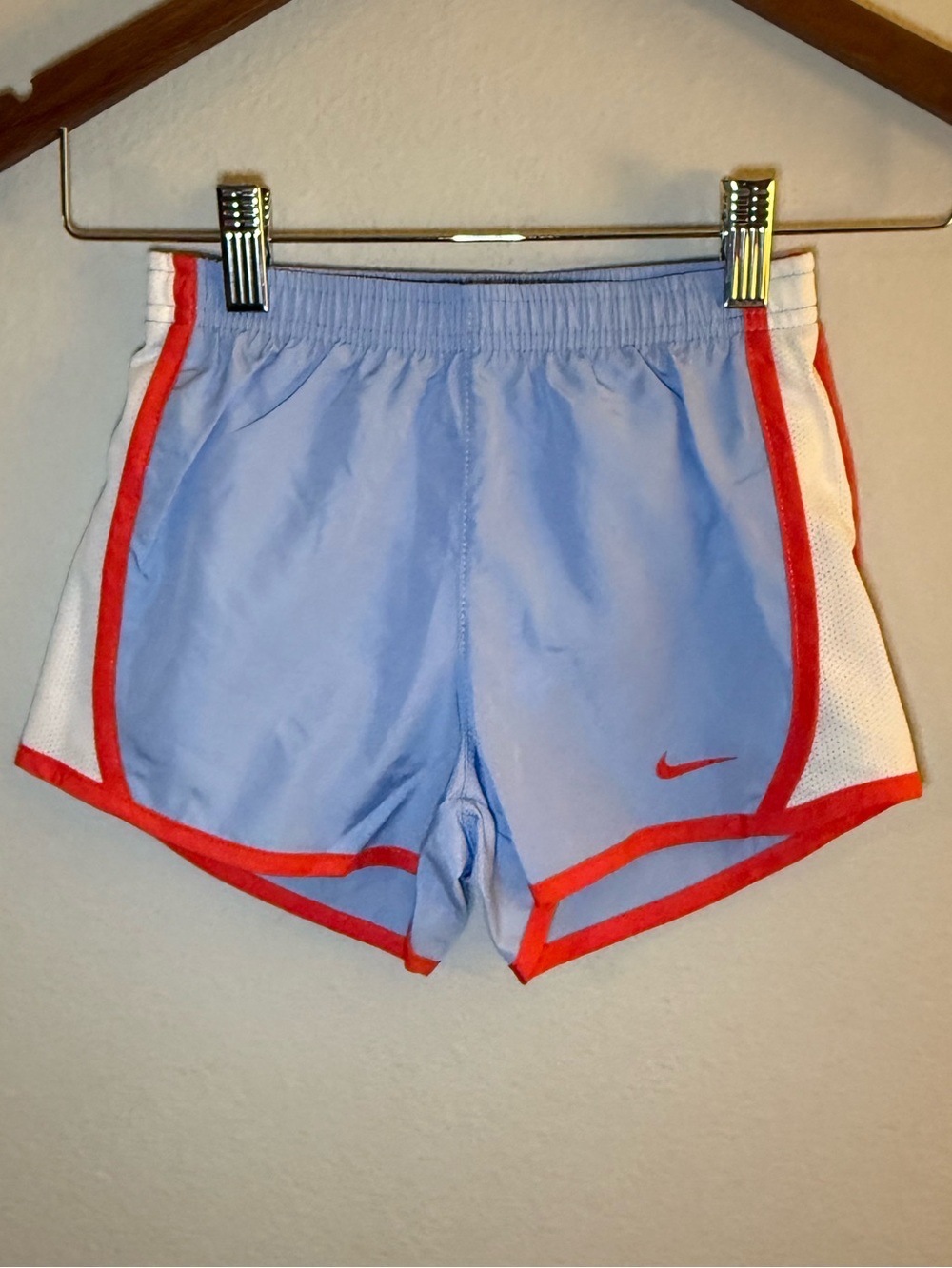 Nike Girls Light Blue Athletic Shorts with Red Trim